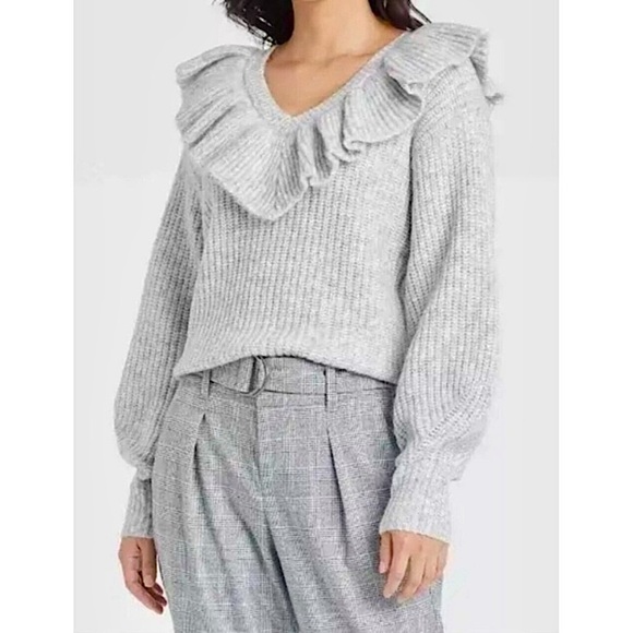 A New Day Ruffle V Neck Soft Cozy Sweater Grey - Picture 1 of 9